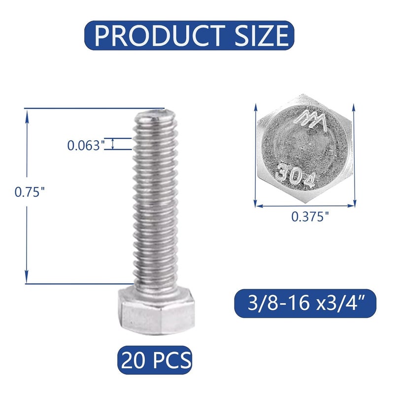 JROUTH 5/16-18x3/4 Hex Head Screw Bolt(20PCS), Lock Nuts,Flat & Lock Washers Kits,304 Stainless Steel 18-8,Fully Threaded. - Image 2